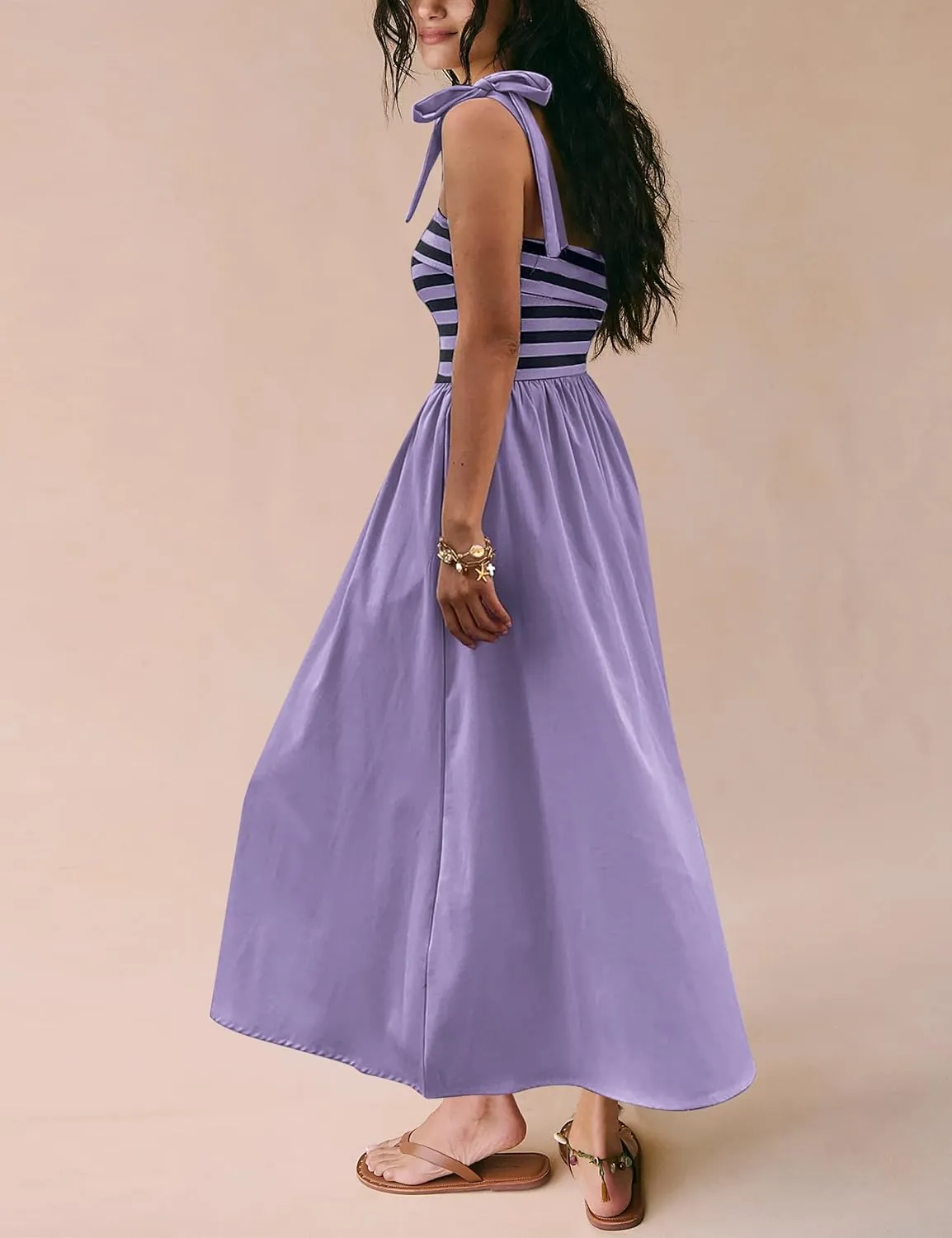 MISSACTIVER Women Summer Sleeveless Maxi Dress Tie Spaghetti Strap Stripe Tank Dresses Flowy Beach Sundress with Pockets