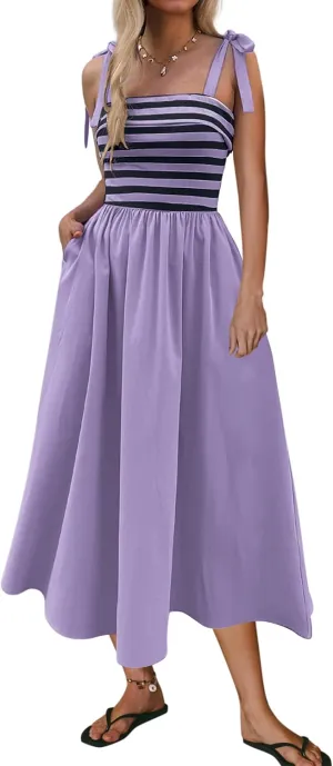 MISSACTIVER Women Summer Sleeveless Maxi Dress Tie Spaghetti Strap Stripe Tank Dresses Flowy Beach Sundress with Pockets