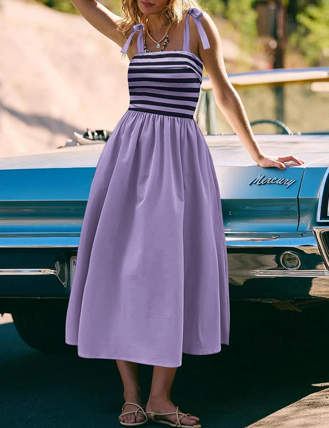 MISSACTIVER Women Summer Sleeveless Maxi Dress Tie Spaghetti Strap Stripe Tank Dresses Flowy Beach Sundress with Pockets