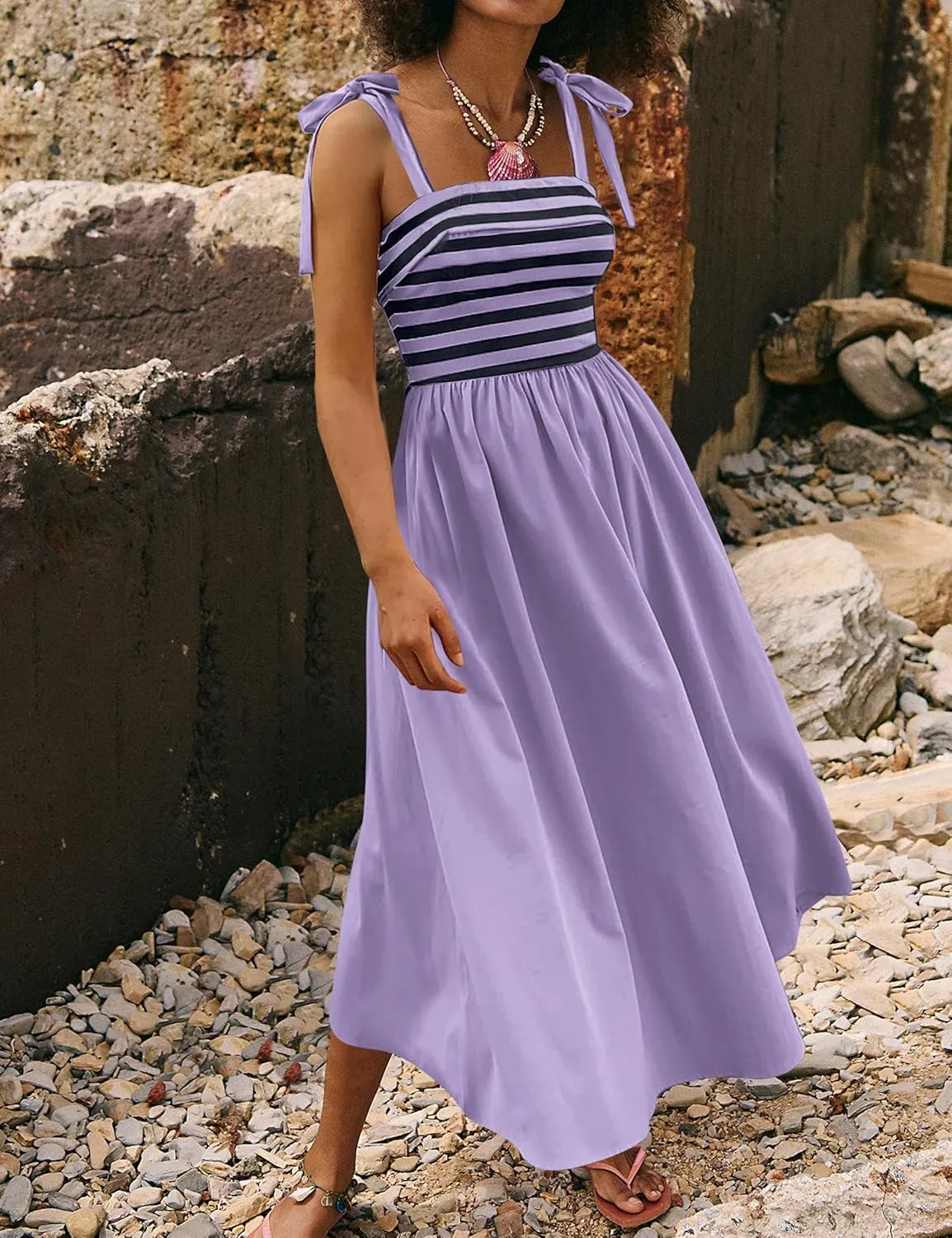 MISSACTIVER Women Summer Sleeveless Maxi Dress Tie Spaghetti Strap Stripe Tank Dresses Flowy Beach Sundress with Pockets