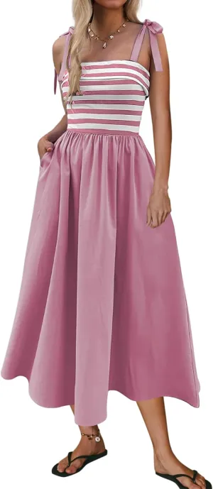 MISSACTIVER Women Summer Sleeveless Maxi Dress Tie Spaghetti Strap Stripe Tank Dresses Flowy Beach Sundress with Pockets
