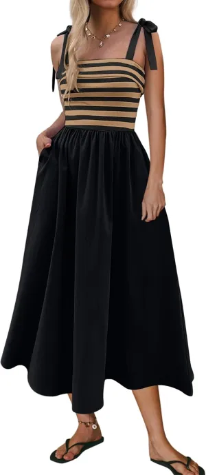 MISSACTIVER Women Summer Sleeveless Maxi Dress Tie Spaghetti Strap Stripe Tank Dresses Flowy Beach Sundress with Pockets