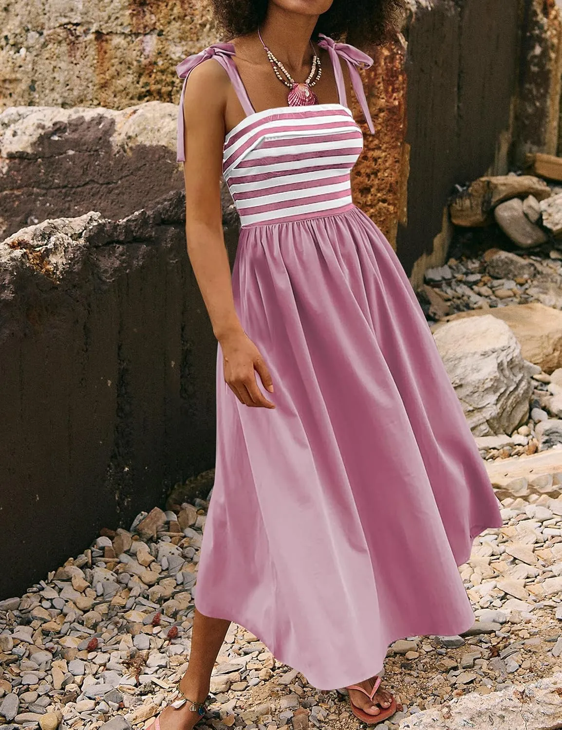 MISSACTIVER Women Summer Sleeveless Maxi Dress Tie Spaghetti Strap Stripe Tank Dresses Flowy Beach Sundress with Pockets