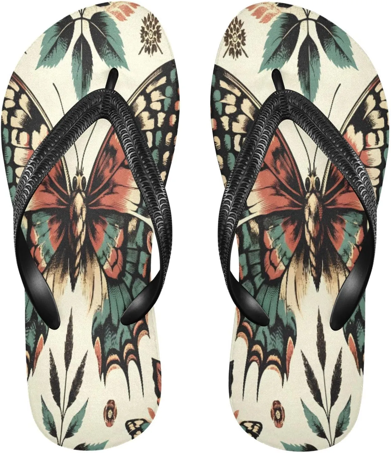 MNSRUU Flip Flops for Women Men Butterfly Black Flip Flops Womens Slides Men Sandals Shower Slippers Summer Non-Slip Flipflops for Swim Beach Bathroom, XS