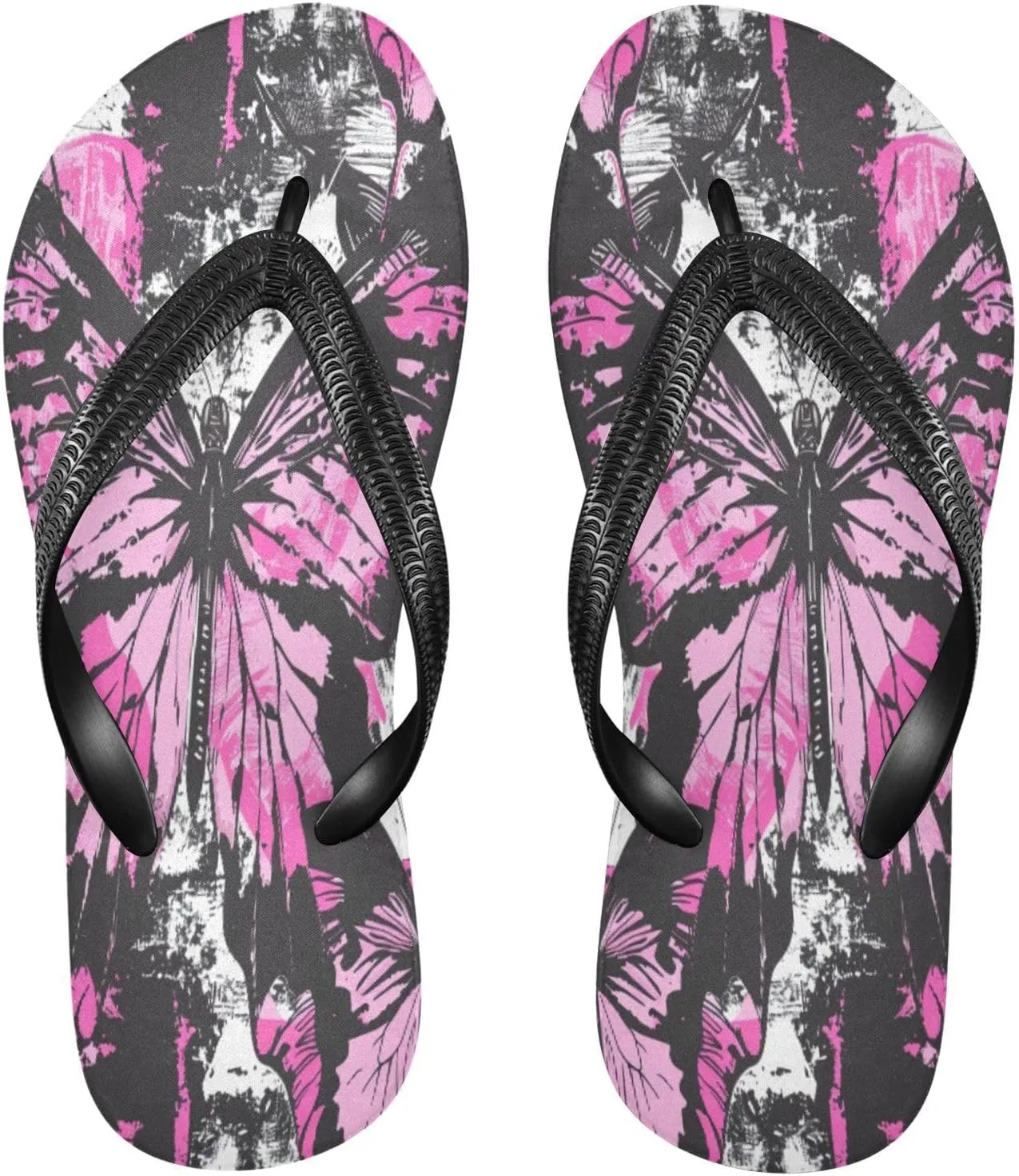 MNSRUU Flip Flops for Women Men Butterfly Black Flip Flops Womens Slides Men Sandals Shower Slippers Summer Non-Slip Flipflops for Swim Beach Bathroom, XS