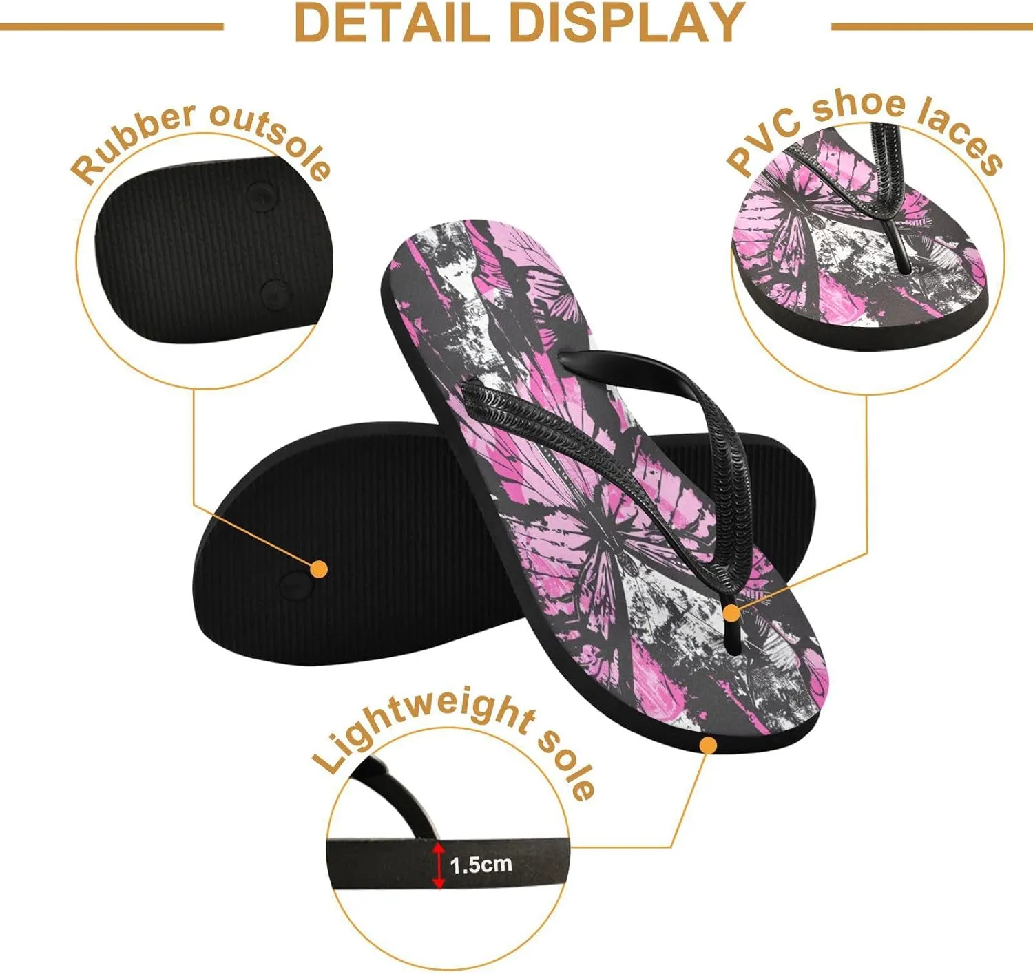MNSRUU Flip Flops for Women Men Butterfly Black Flip Flops Womens Slides Men Sandals Shower Slippers Summer Non-Slip Flipflops for Swim Beach Bathroom, XS