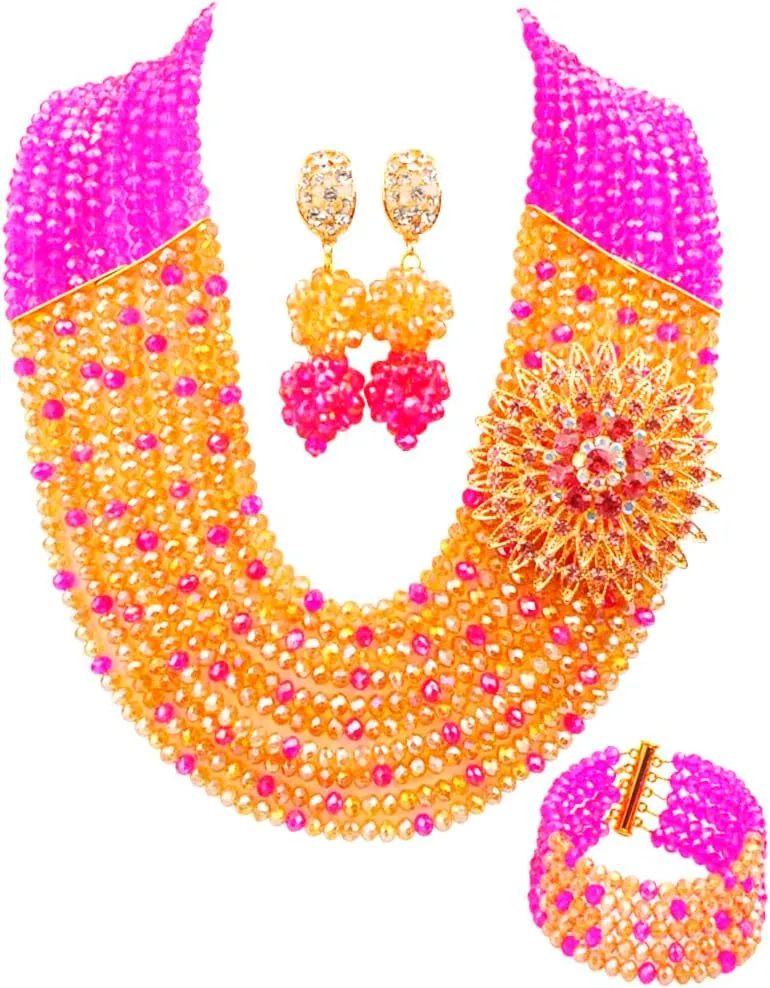 Multi Strands Statement Necklace Nigerian Wedding African Beads Jewelry Set Crystal Bridal Jewelry Sets