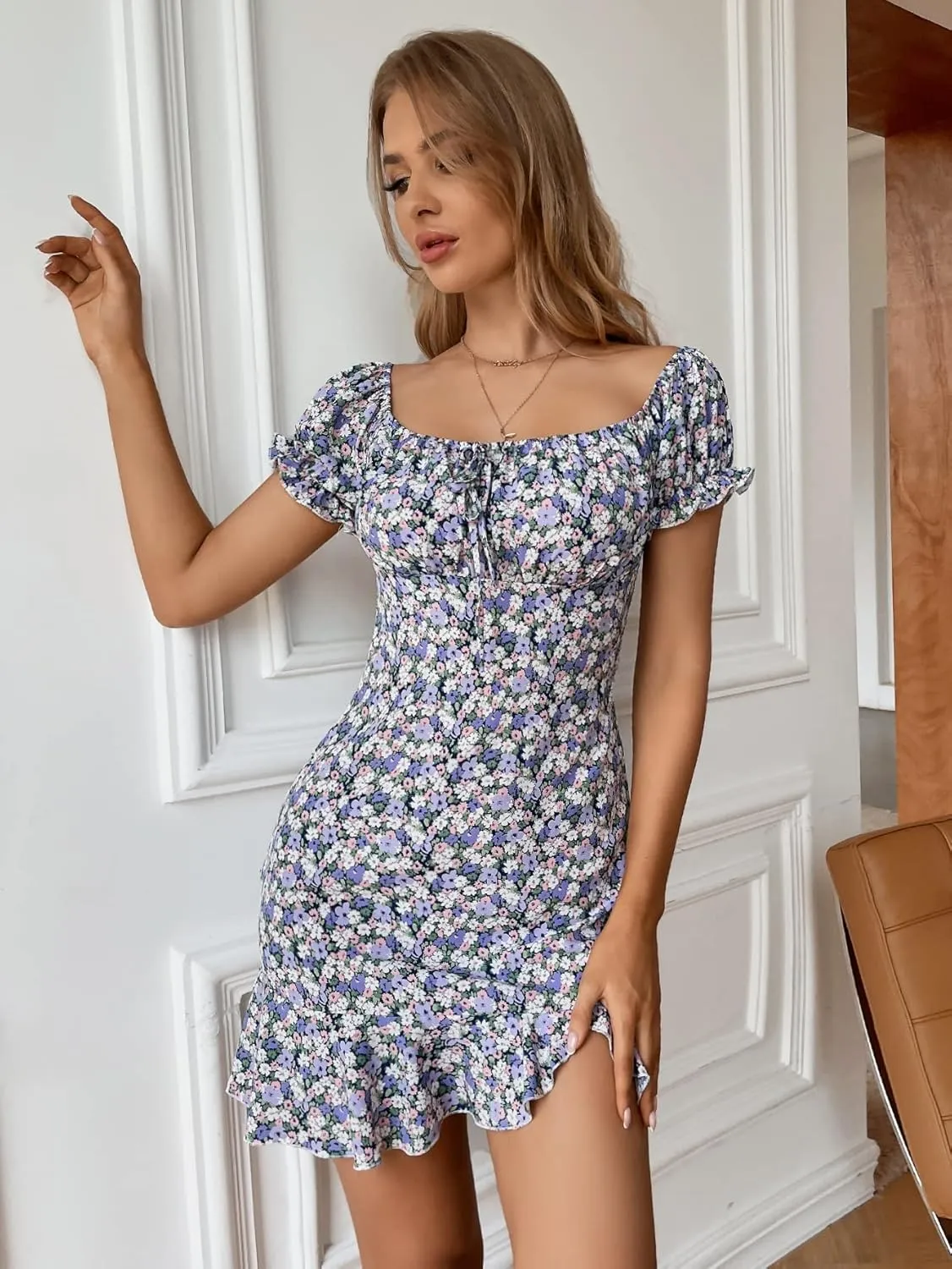 NACUII Womens Floral Mini Dress Floral Off Shoulder Knotted Ruffle Hem Dress