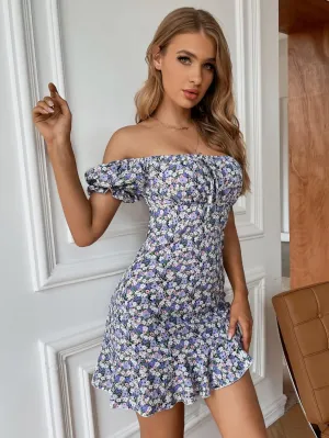 NACUII Womens Floral Mini Dress Floral Off Shoulder Knotted Ruffle Hem Dress