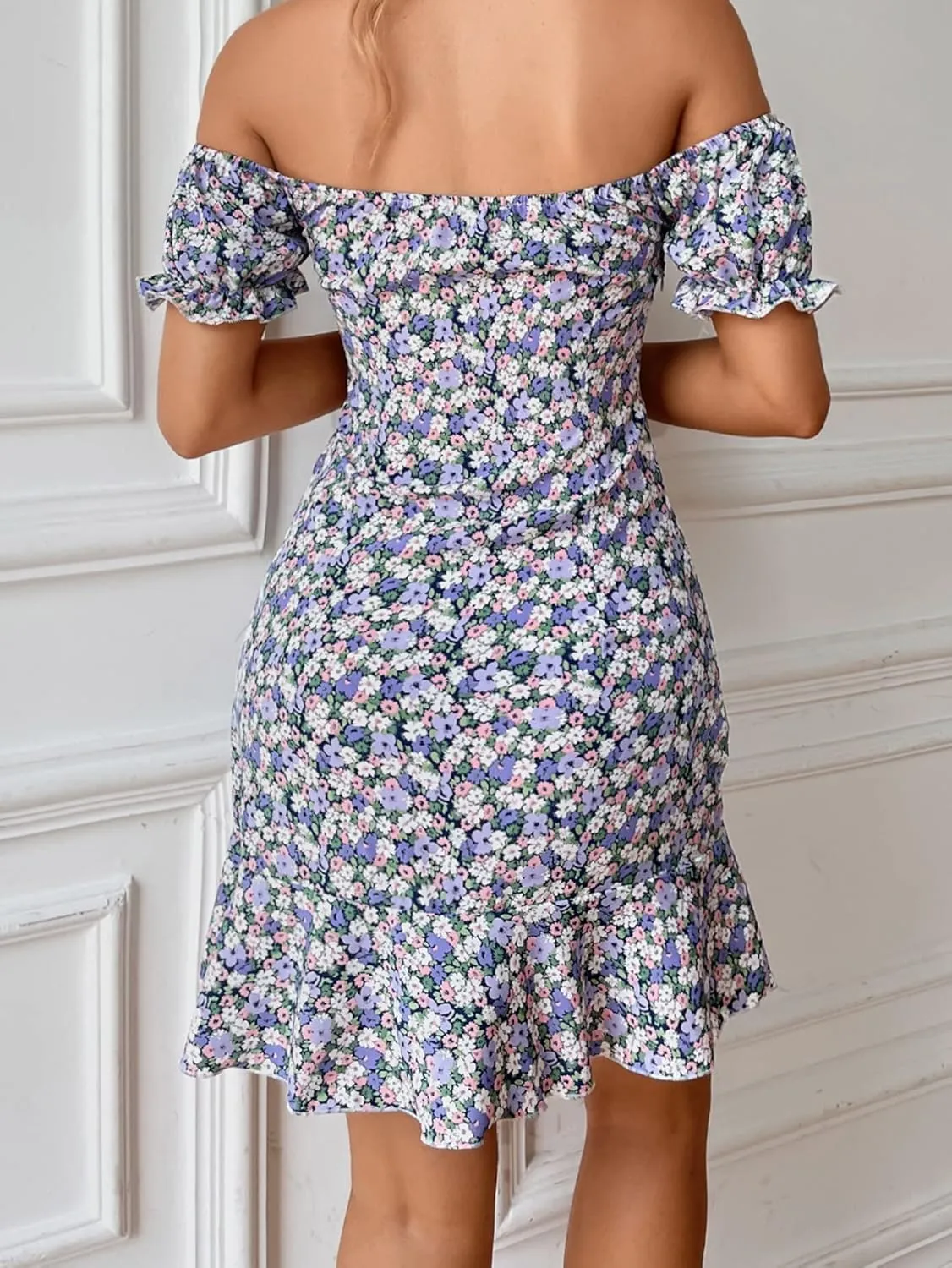 NACUII Womens Floral Mini Dress Floral Off Shoulder Knotted Ruffle Hem Dress