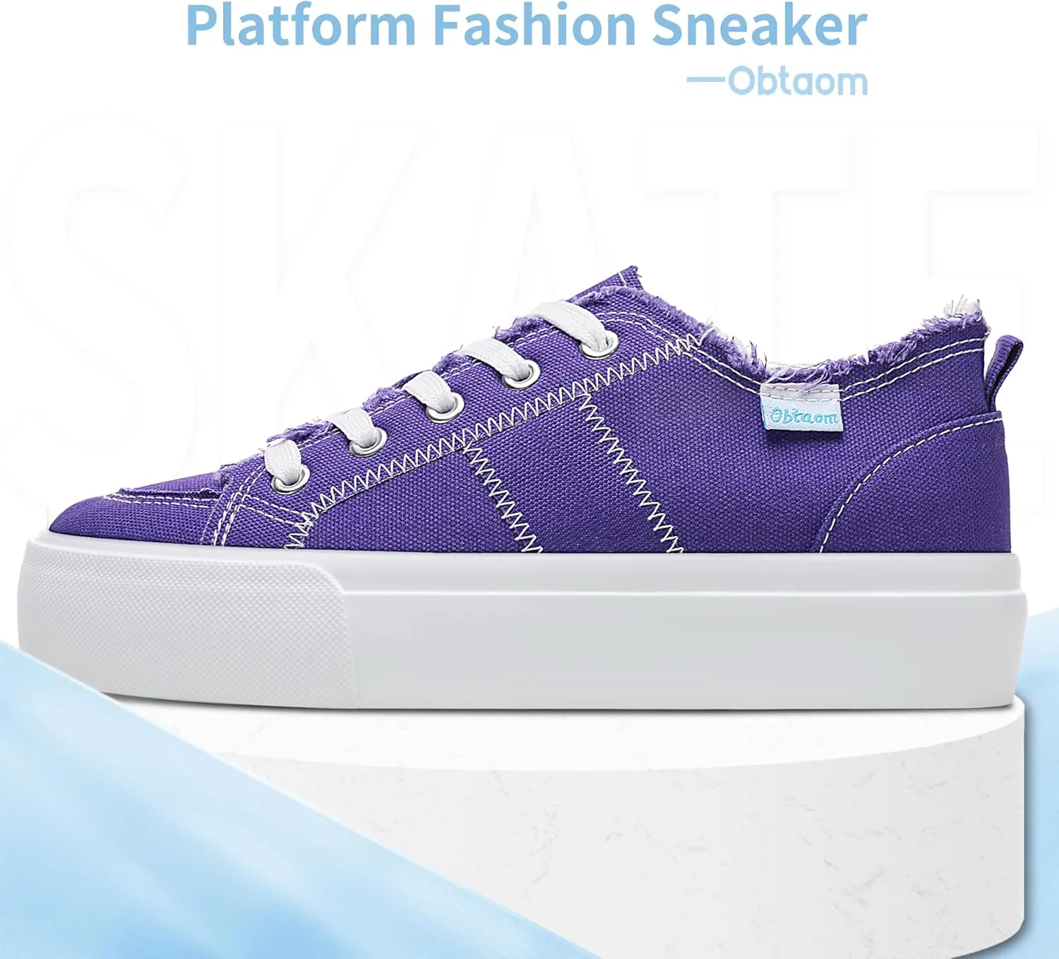 Obtaom Women Platform Canvas Sneakers White Comfort Play Fashion Sneakers Casual Lift Platform Lace Up Shoes Cute Low Top Walking Shoes for Lady