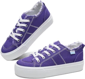 Obtaom Women Platform Canvas Sneakers White Comfort Play Fashion Sneakers Casual Lift Platform Lace Up Shoes Cute Low Top Walking Shoes for Lady
