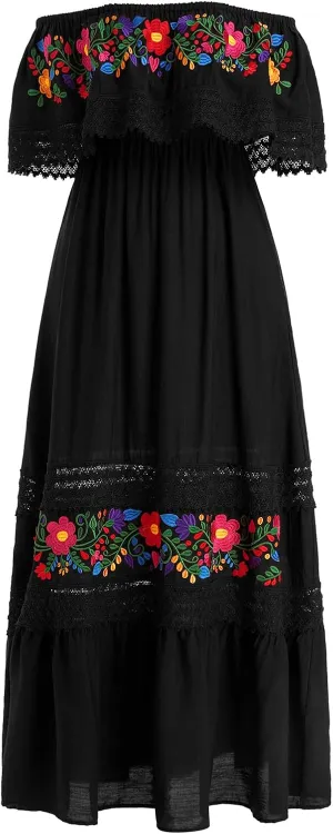ODASDO Mexican Dresses for Women Traditional Fiesta Off Shoulder Collect Waist Maxi Dress Summer Casual Party Beach Dress