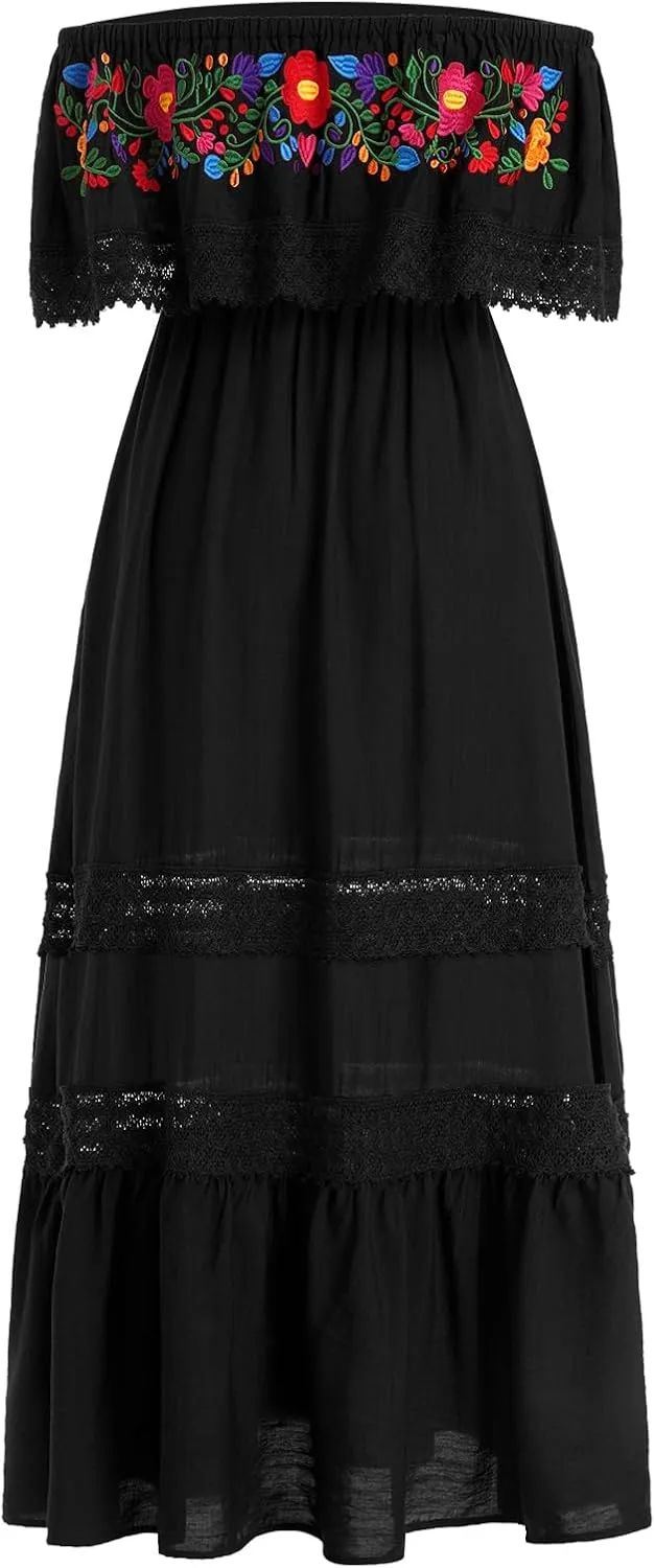 ODASDO Mexican Dresses for Women Traditional Fiesta Off Shoulder Collect Waist Maxi Dress Summer Casual Party Beach Dress