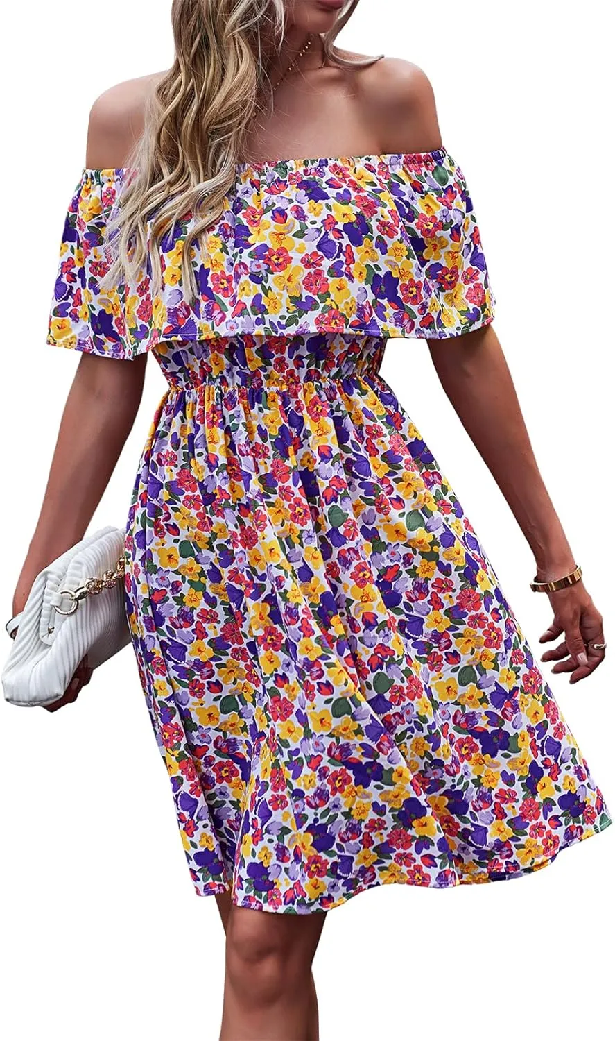 Off Shoulder Boho Floral Swing Mini Dress Summer Strapless Pleated Short Dress