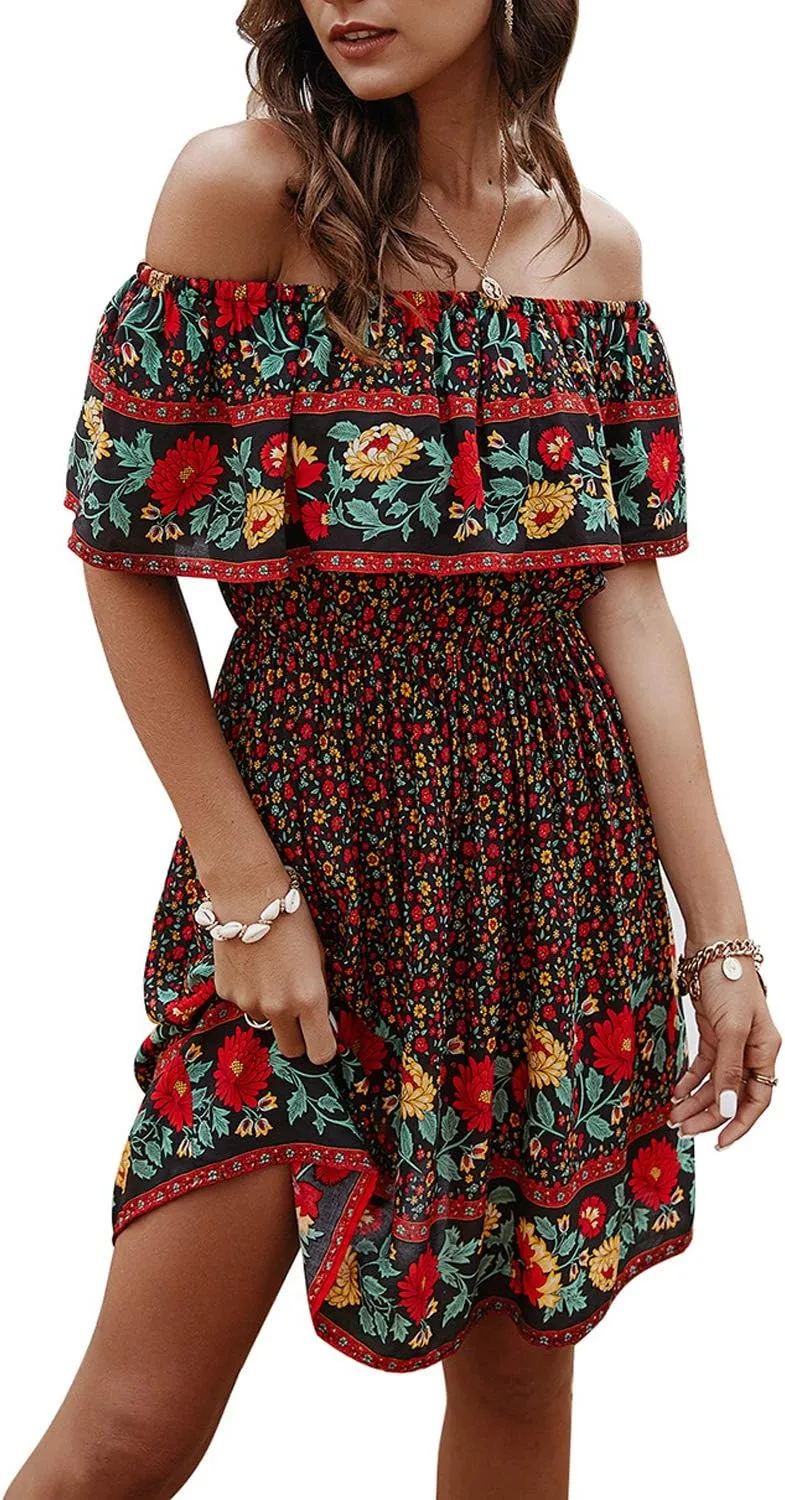 Off Shoulder Boho Floral Swing Mini Dress Summer Strapless Pleated Short Dress
