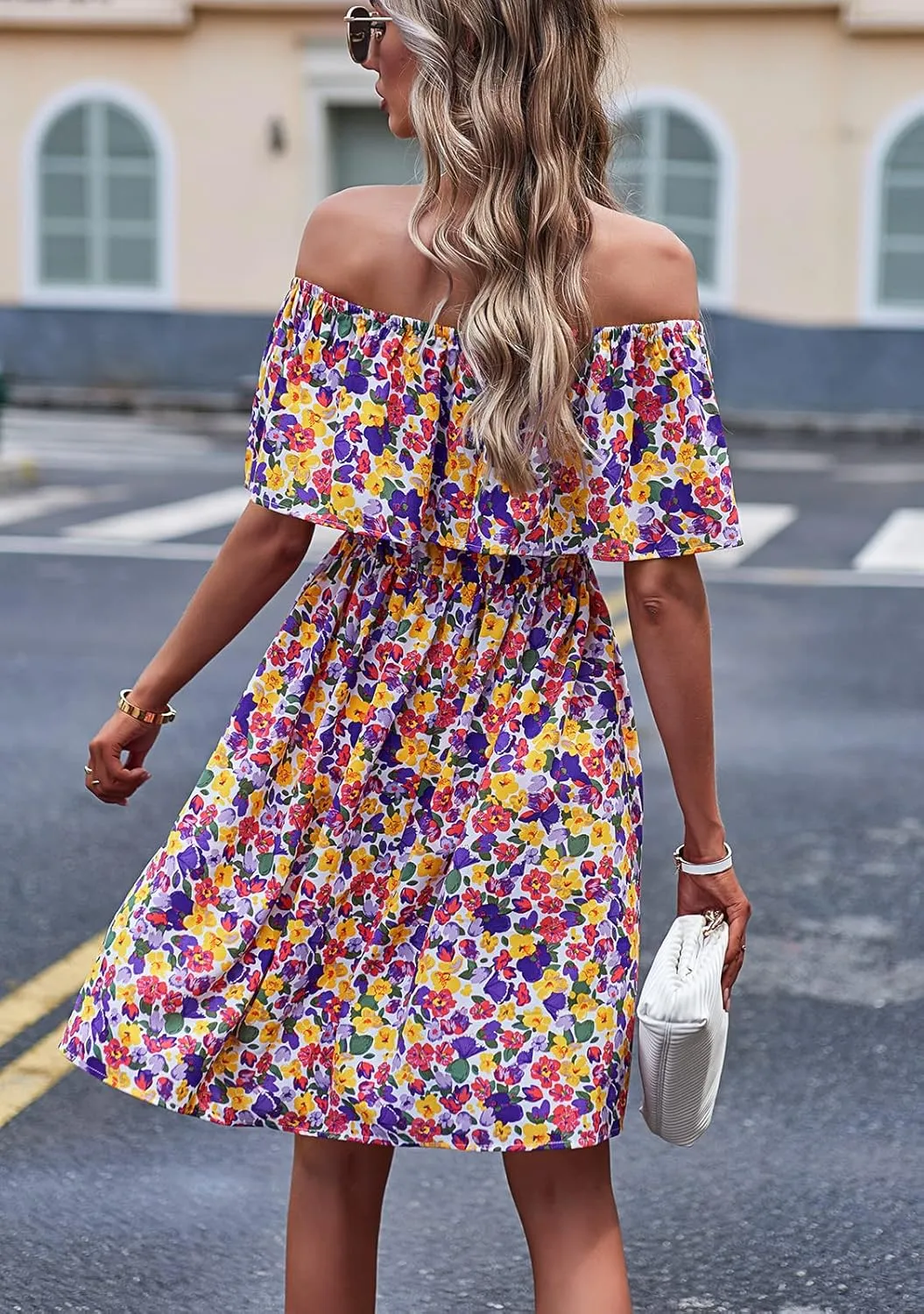 Off Shoulder Boho Floral Swing Mini Dress Summer Strapless Pleated Short Dress