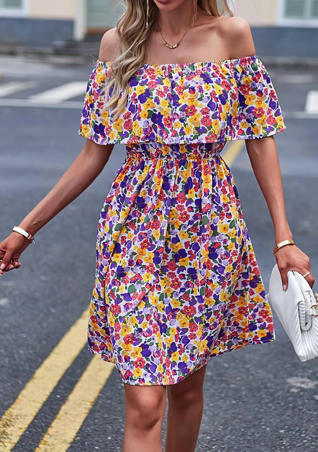 Off Shoulder Boho Floral Swing Mini Dress Summer Strapless Pleated Short Dress