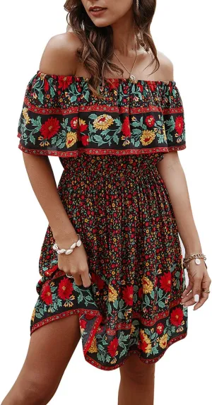 Off Shoulder Boho Floral Swing Mini Dress Summer Strapless Pleated Short Dress