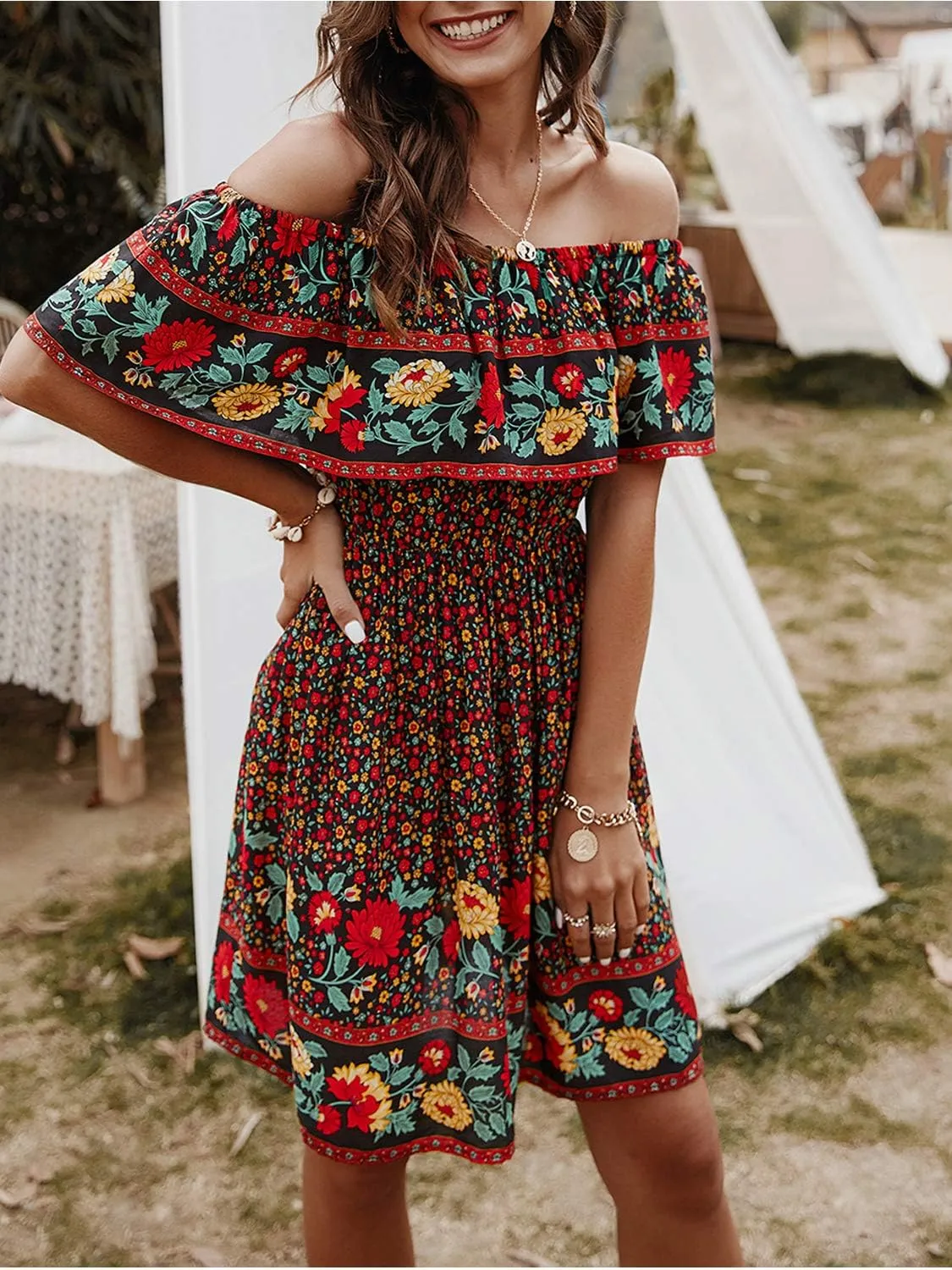 Off Shoulder Boho Floral Swing Mini Dress Summer Strapless Pleated Short Dress