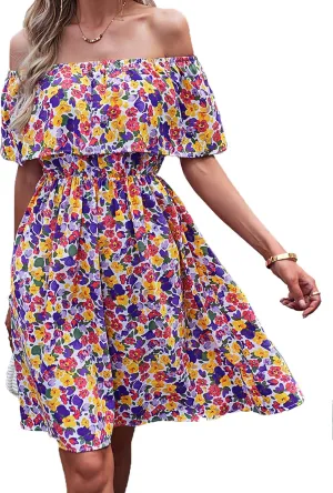 Off Shoulder Boho Floral Swing Mini Dress Summer Strapless Pleated Short Dress