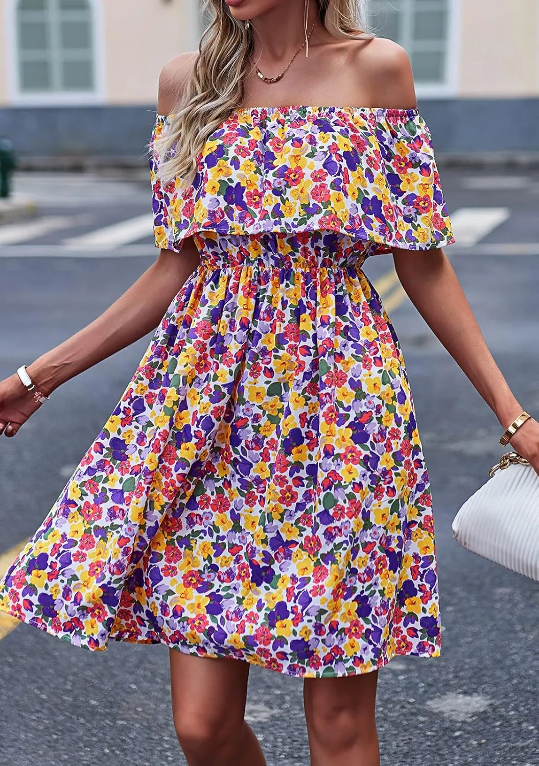 Off Shoulder Boho Floral Swing Mini Dress Summer Strapless Pleated Short Dress