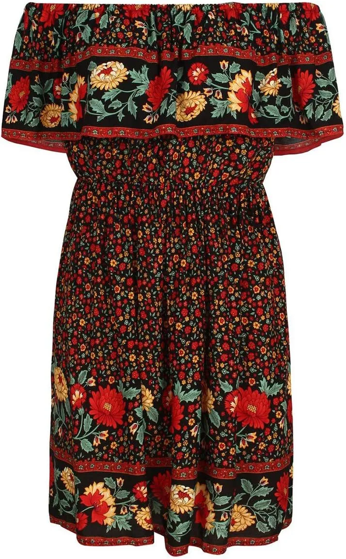 Off Shoulder Boho Floral Swing Mini Dress Summer Strapless Pleated Short Dress