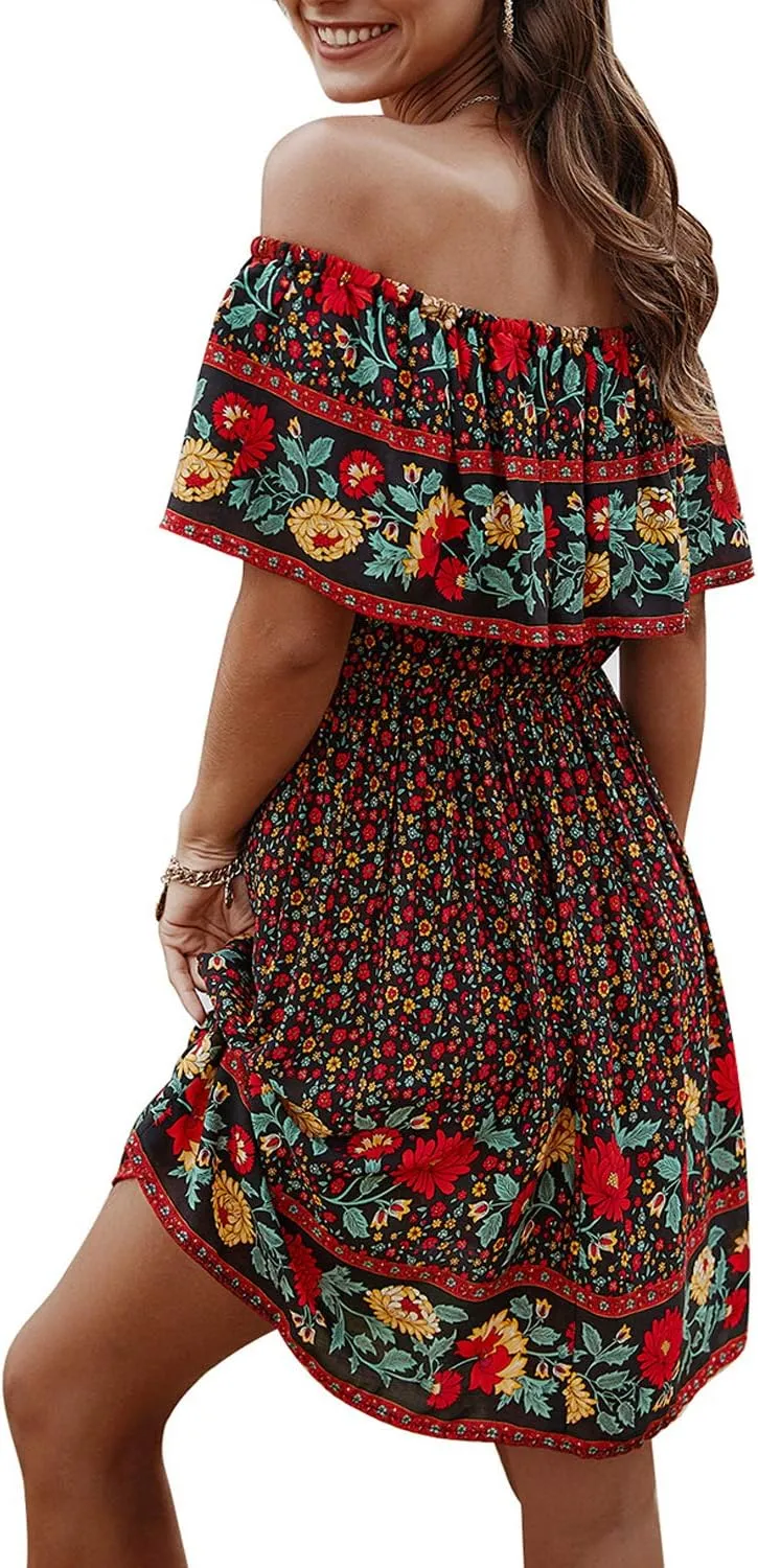 Off Shoulder Boho Floral Swing Mini Dress Summer Strapless Pleated Short Dress