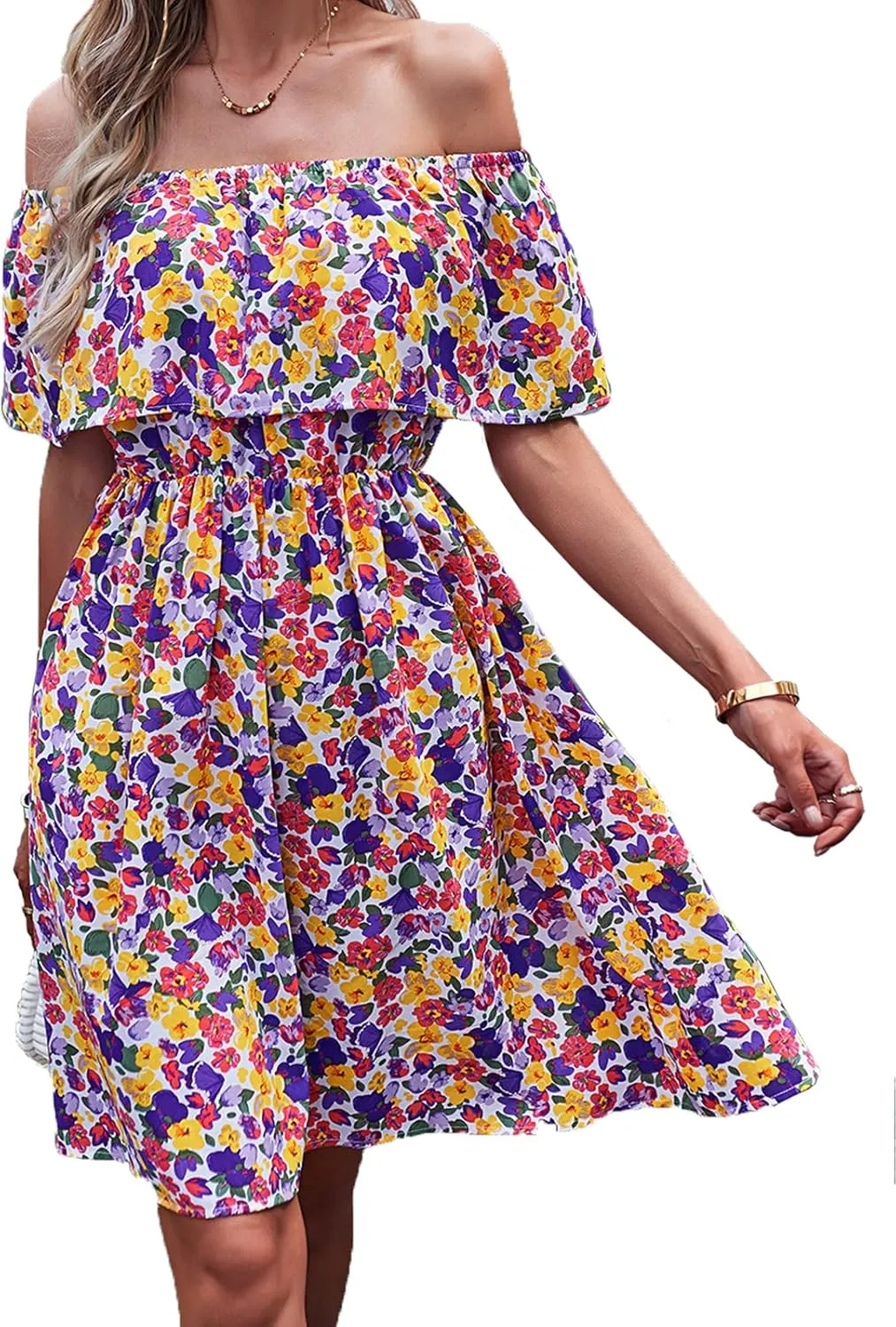Off Shoulder Boho Floral Swing Mini Dress Summer Strapless Pleated Short Dress