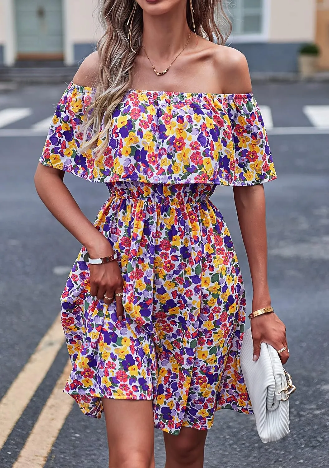 Off Shoulder Boho Floral Swing Mini Dress Summer Strapless Pleated Short Dress