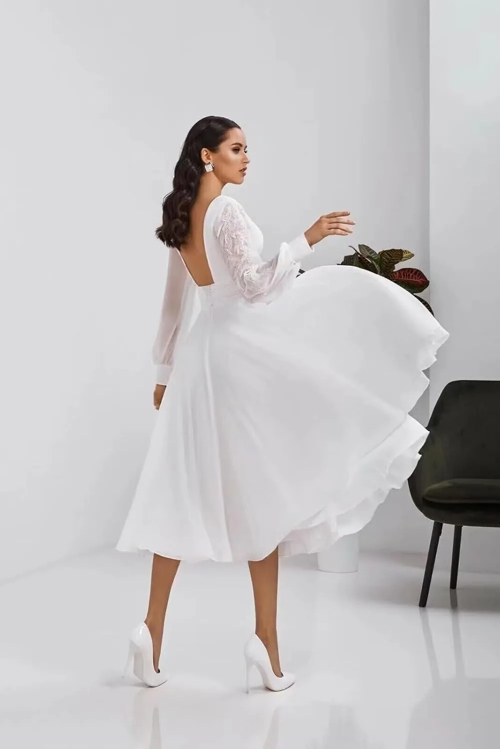 Off Shoulder Wedding Dresses for Bride Tea Length Bridal Gown for Wedding