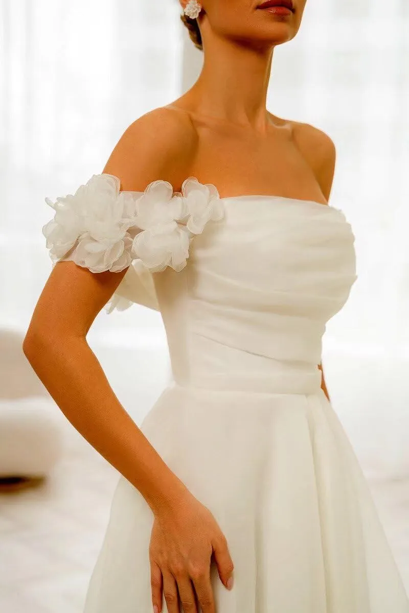 Off Shoulder Wedding Dresses for Bride Tea Length Bridal Gown for Wedding