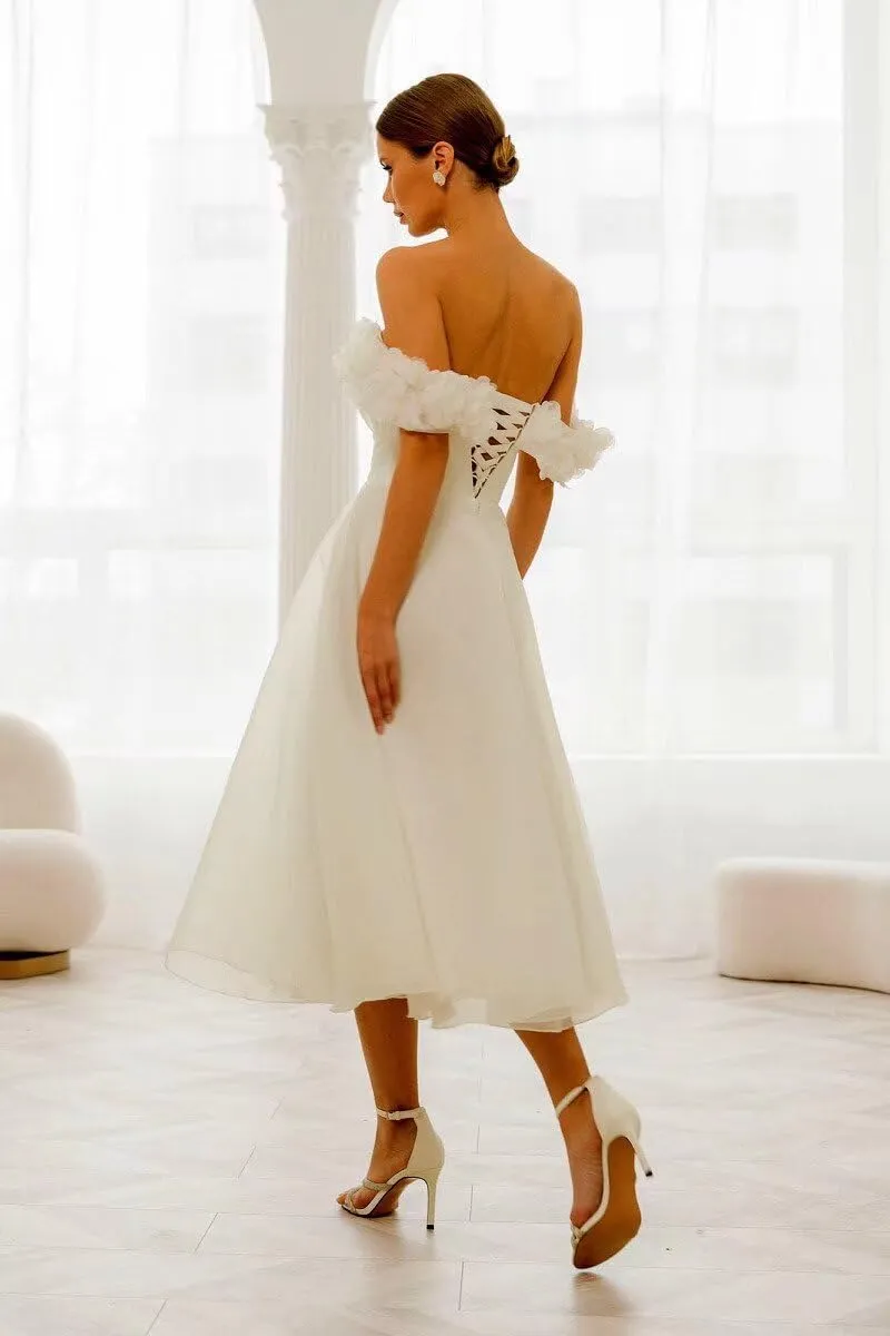 Off Shoulder Wedding Dresses for Bride Tea Length Bridal Gown for Wedding