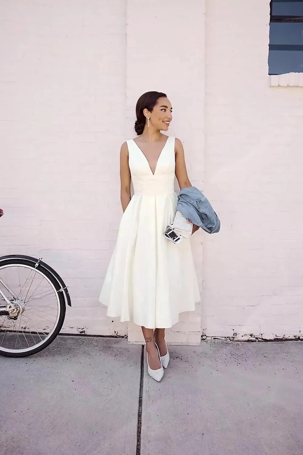 Off Shoulder Wedding Dresses for Bride Tea Length Bridal Gown for Wedding
