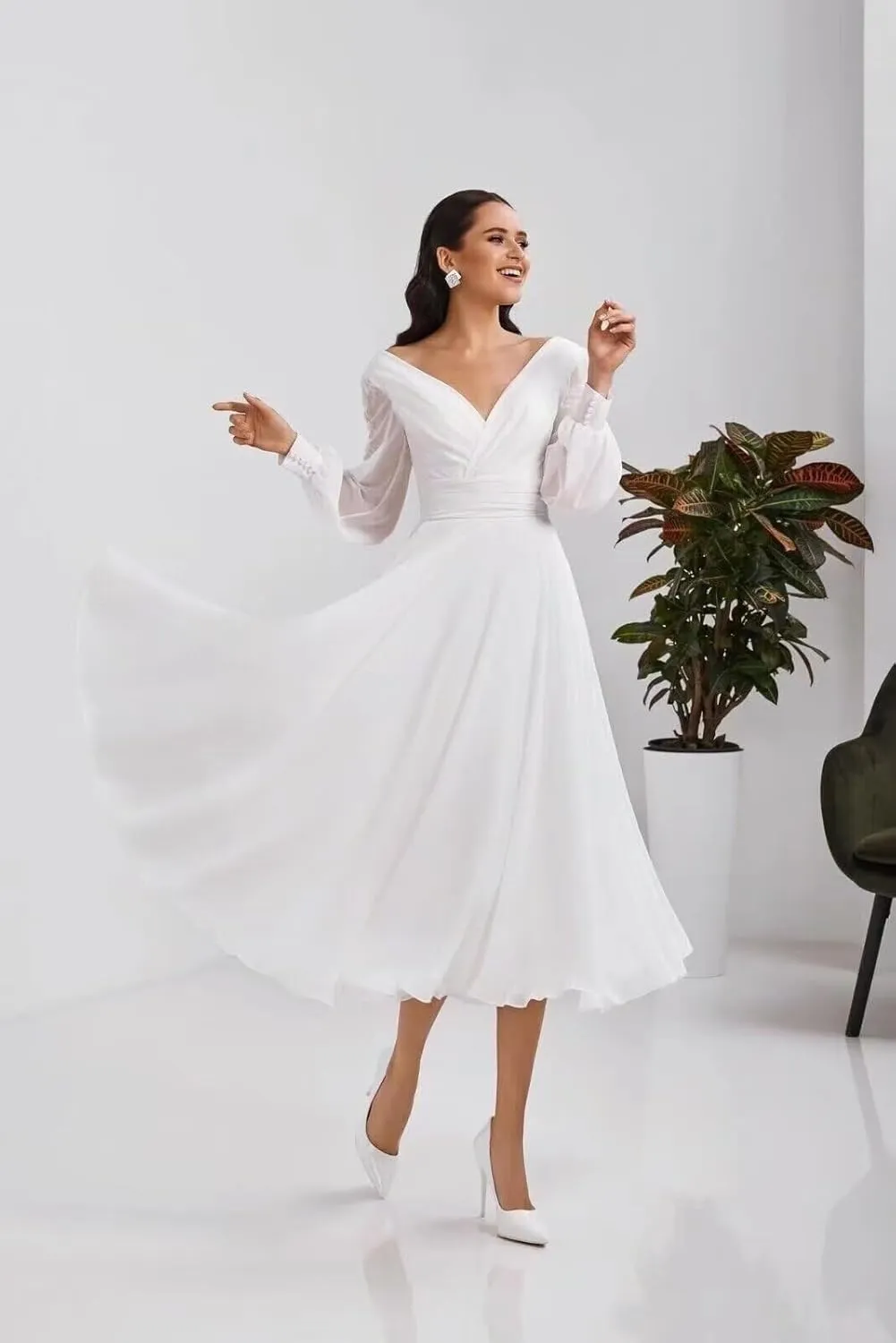 Off Shoulder Wedding Dresses for Bride Tea Length Bridal Gown for Wedding