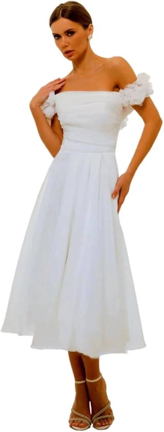 Off Shoulder Wedding Dresses for Bride Tea Length Bridal Gown for Wedding