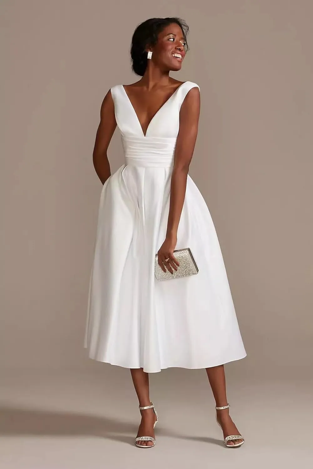 Off Shoulder Wedding Dresses for Bride Tea Length Bridal Gown for Wedding
