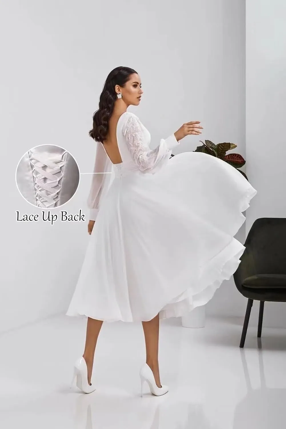 Off Shoulder Wedding Dresses for Bride Tea Length Bridal Gown for Wedding