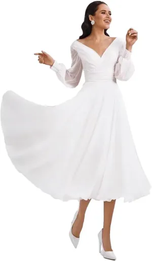 Off Shoulder Wedding Dresses for Bride Tea Length Bridal Gown for Wedding