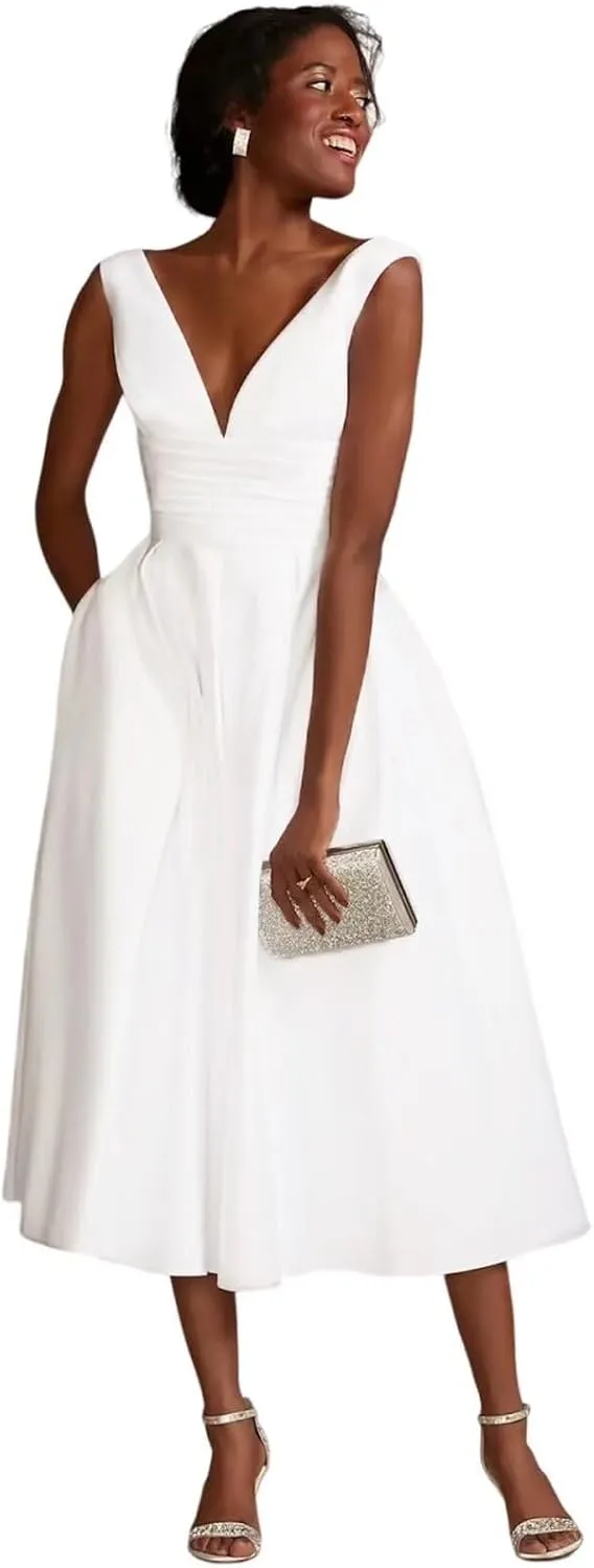Off Shoulder Wedding Dresses for Bride Tea Length Bridal Gown for Wedding
