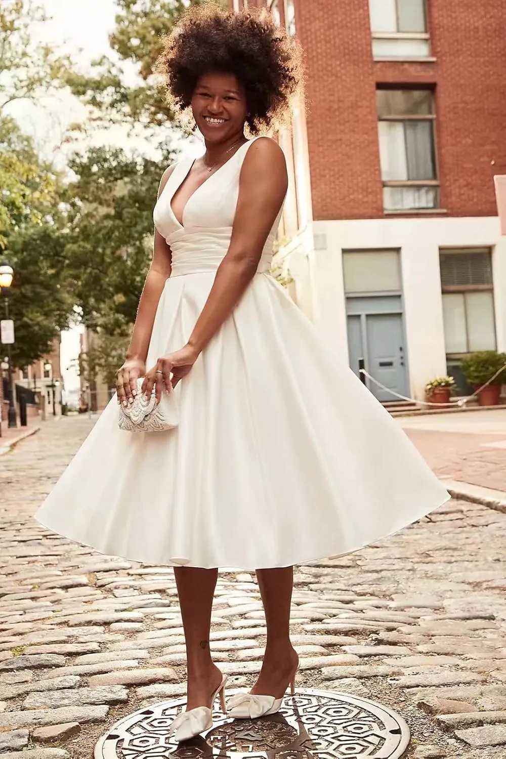Off Shoulder Wedding Dresses for Bride Tea Length Bridal Gown for Wedding