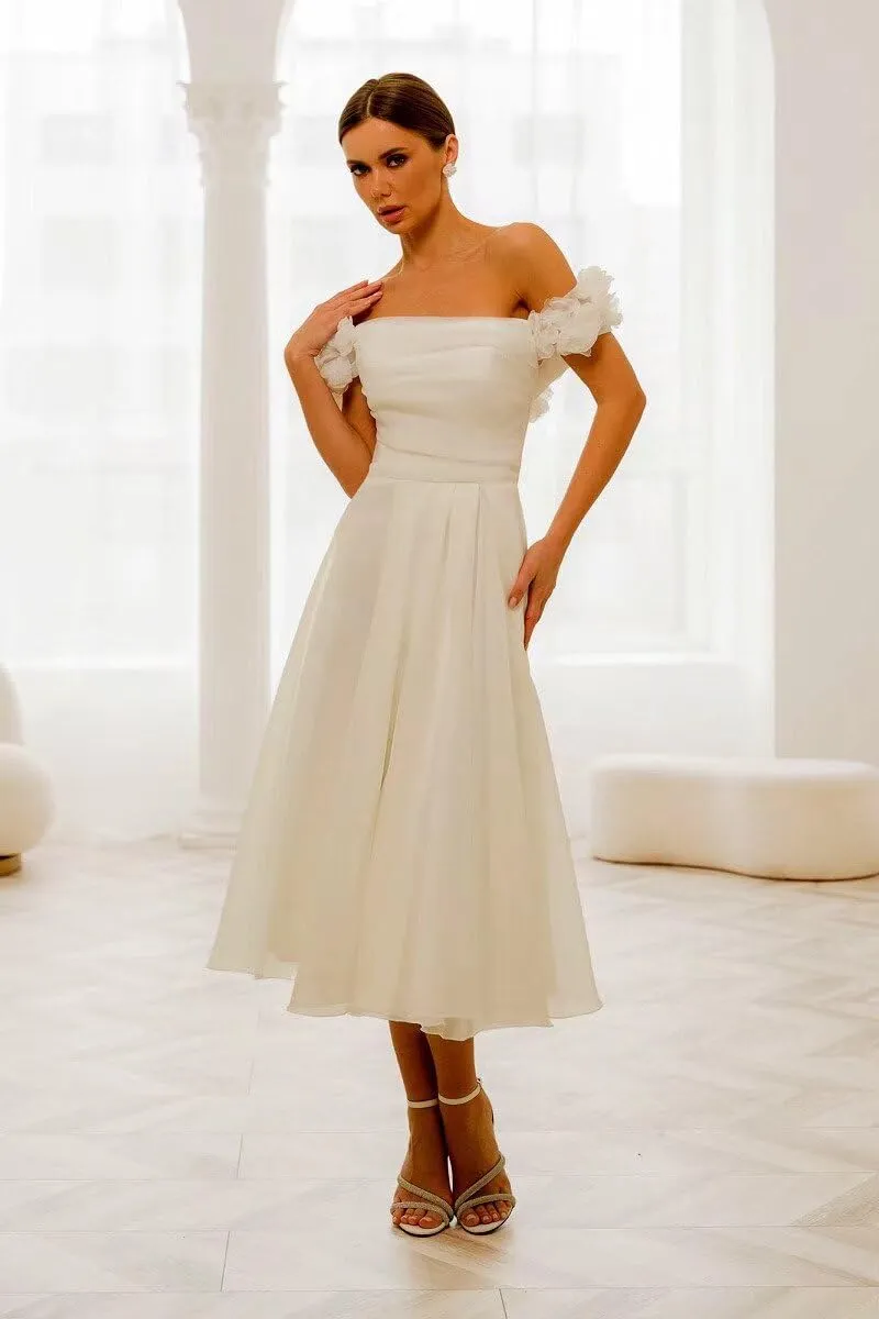 Off Shoulder Wedding Dresses for Bride Tea Length Bridal Gown for Wedding