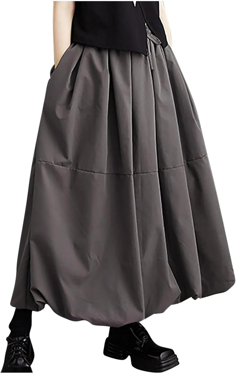 Oplxuo Y2K Bubble Maxi Skirts for Women A Line Long Pleated Casual Fall Skirts Elastic Waist Balloon Midi Skirt with Pockets