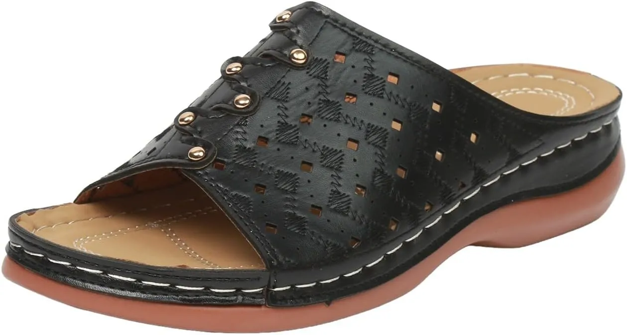 Orthowalkway Womens Sandals Summer Wedge Sandals Leather Rubber Sole Orthopedic Slides Casual Slip On Beach Shoes