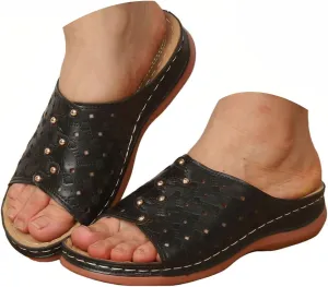 Orthowalkway Womens Sandals Summer Wedge Sandals Leather Rubber Sole Orthopedic Slides Casual Slip On Beach Shoes