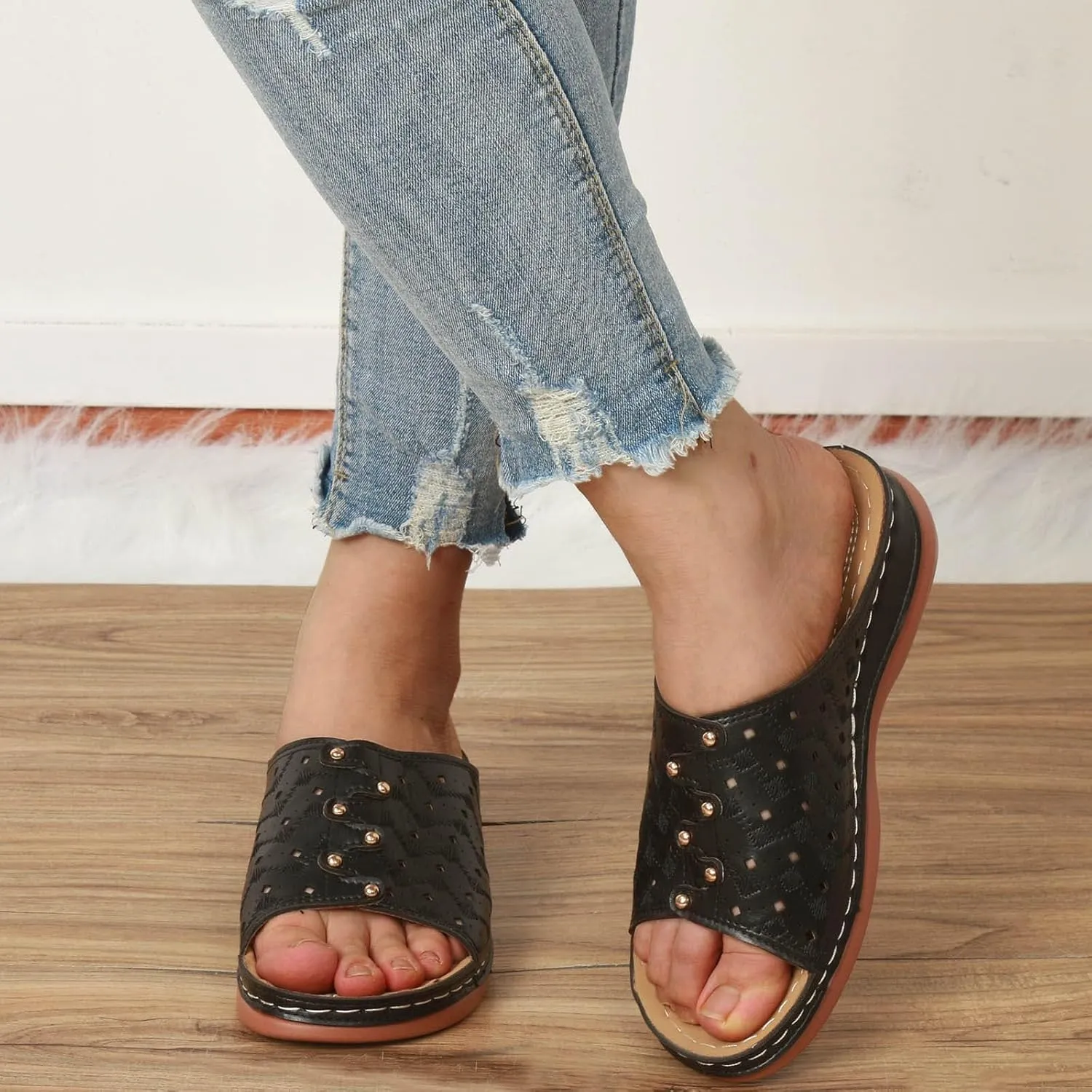 Orthowalkway Womens Sandals Summer Wedge Sandals Leather Rubber Sole Orthopedic Slides Casual Slip On Beach Shoes