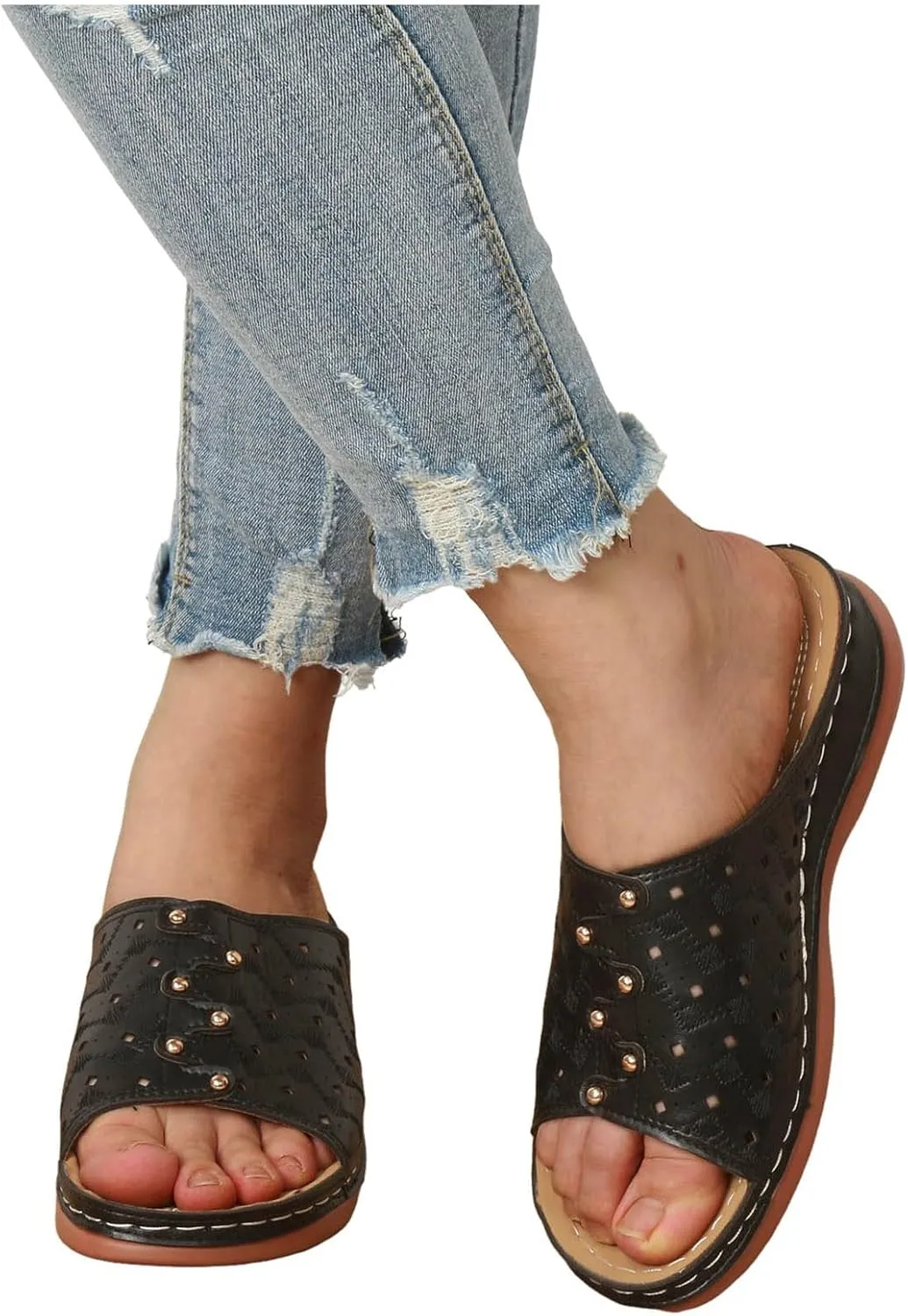 Orthowalkway Womens Sandals Summer Wedge Sandals Leather Rubber Sole Orthopedic Slides Casual Slip On Beach Shoes