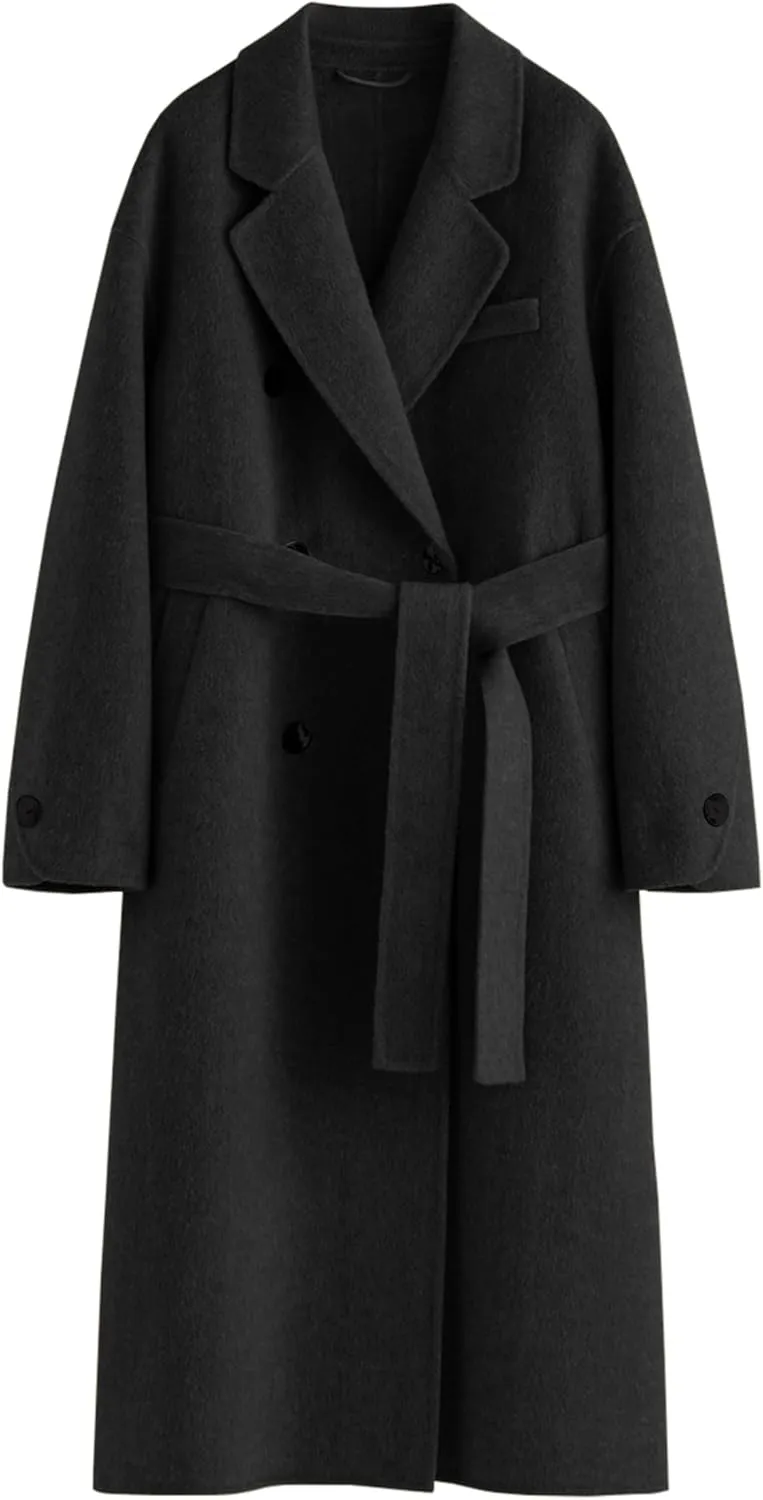 Peaceglad Womens Pea Coats Fall Long Trench Coat Double Breasted Button Down Lapel Belted Peacoat