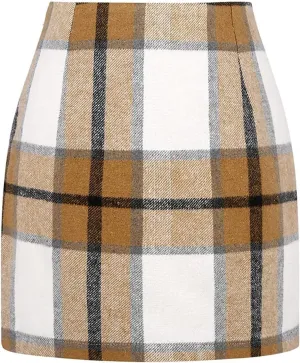 Pencil Skirt for Women Plaid Casual High Waisted Bodycon Mini Skirt Vintage Wool Tweed Plaid Mini Skirt
