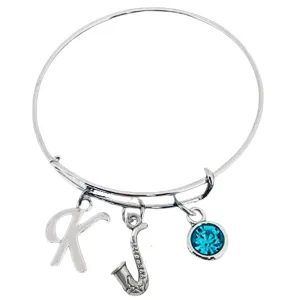 Personalized Saxophone Charm Initial and Birthstone Bangle Bracelet - Music Jewelry Gift - Saxophone Jewelry - Marching Band Bracelet -Music Lover Jewelry Gift for Women and Teens